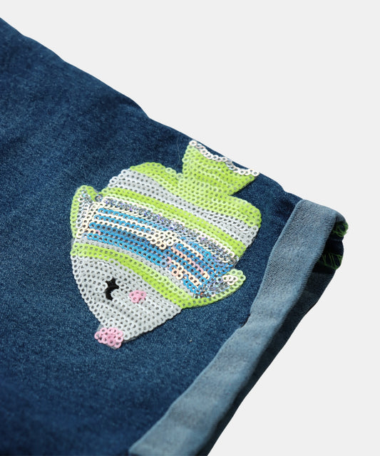 Tiny Girl Blue Denim Girls Shorts with Fish Applique