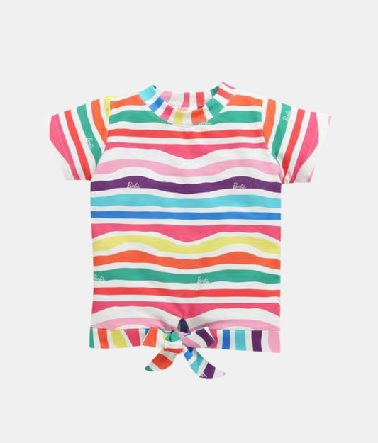 Tiny Girl Barbie Multicolor Striped Girls Top & Red-Pink Pant Set