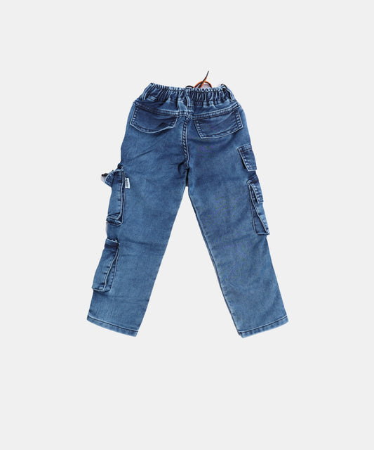 Spunky Mid Blue Boys Cargo Jeans with Orange Drawstring