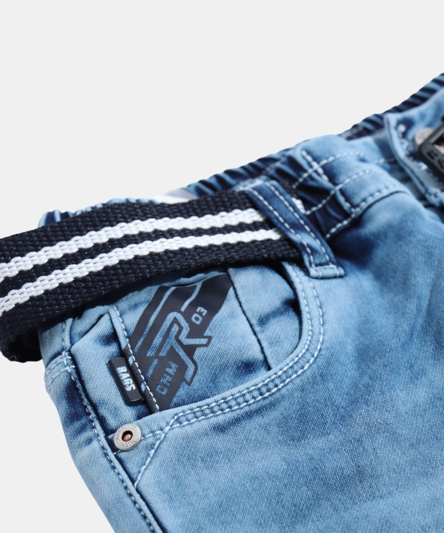 Rags Light Blue Boys Jeans with Printed Detail & Striped Belt
