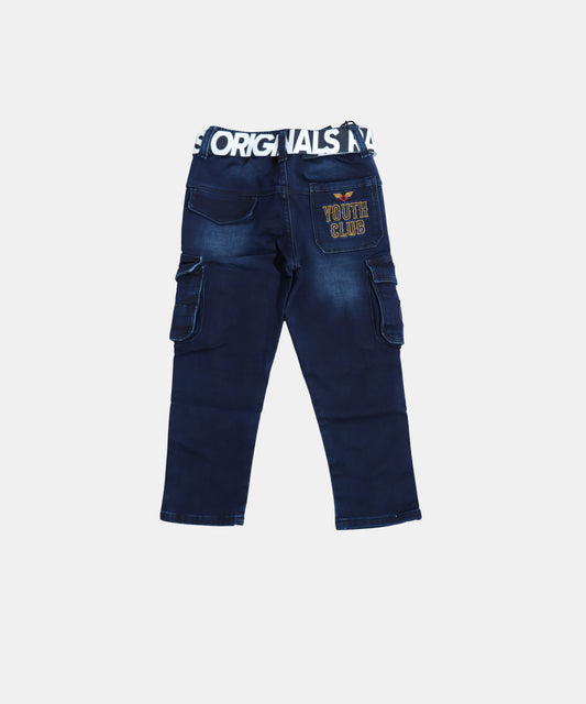 Rags Dark Blue Boys Cargo Jeans with Graphic Print & Belt