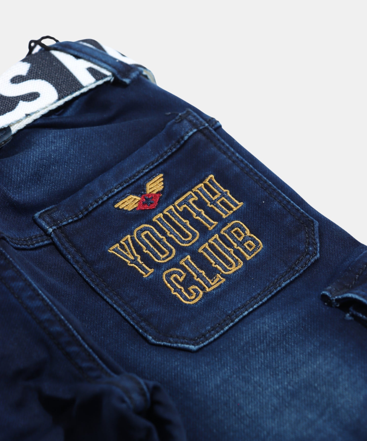 Rags Dark Blue Boys Cargo Jeans with Graphic Print & Belt