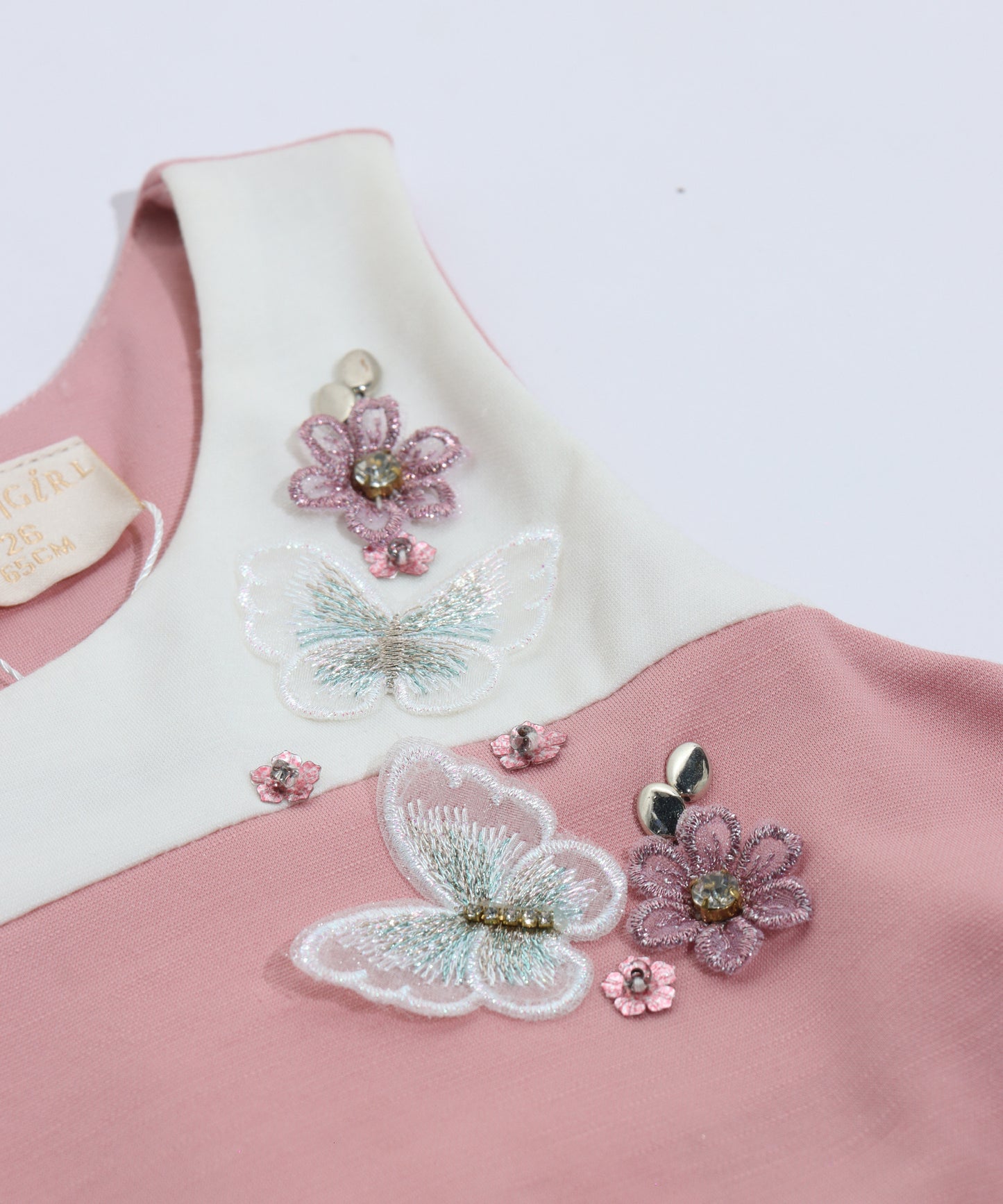 Tiny Girl Pink & White Butterfly Applique Girls Dress