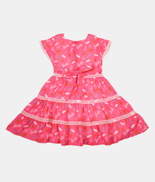 Tiny Girl Pink Barbie Print Girls Dress