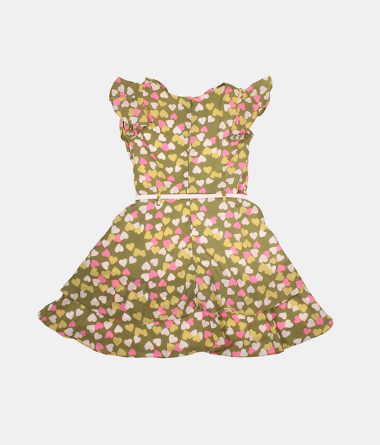 Tiny Girl Olive Heart Print Girls Dress