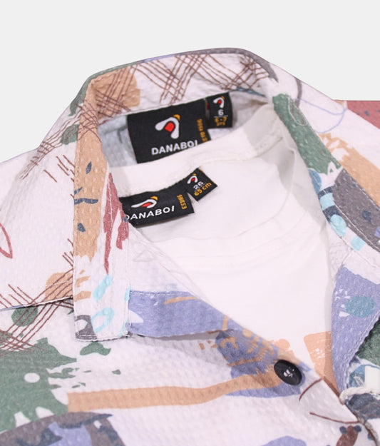 Danaboi White Printed Boys Open Shirt with White T-Shirt