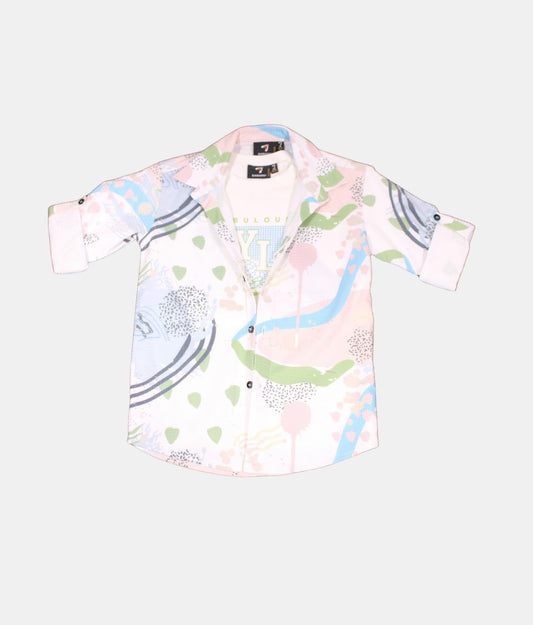 Danaboi White Printed Boys Open Shirt with White T-Shirt