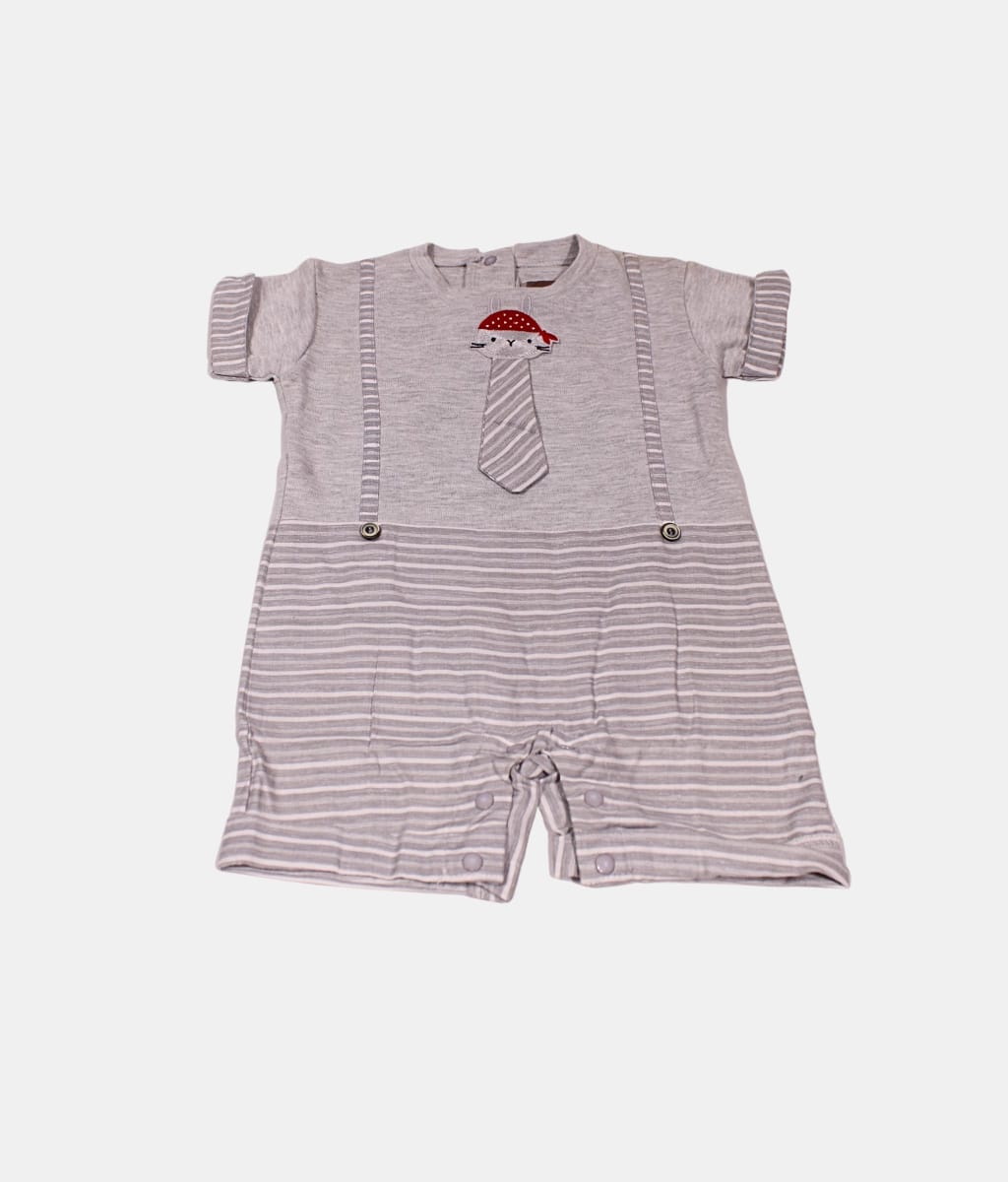 Grey Striped Baby Romper with Mushroom Tie