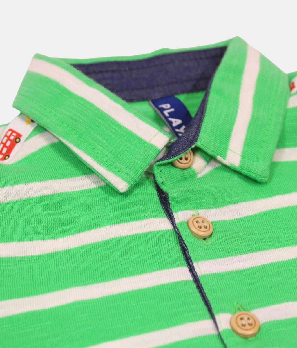 Play Green Striped Kids Polo Shirt with Vehicle
