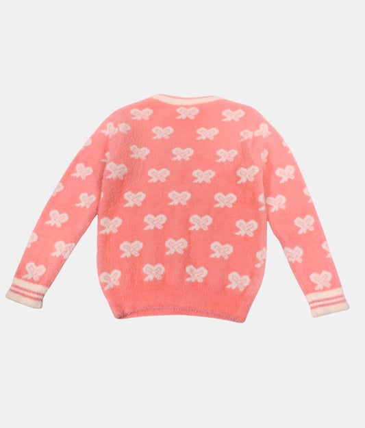 Tiny Girl Peach Bow Print Girls Sweater