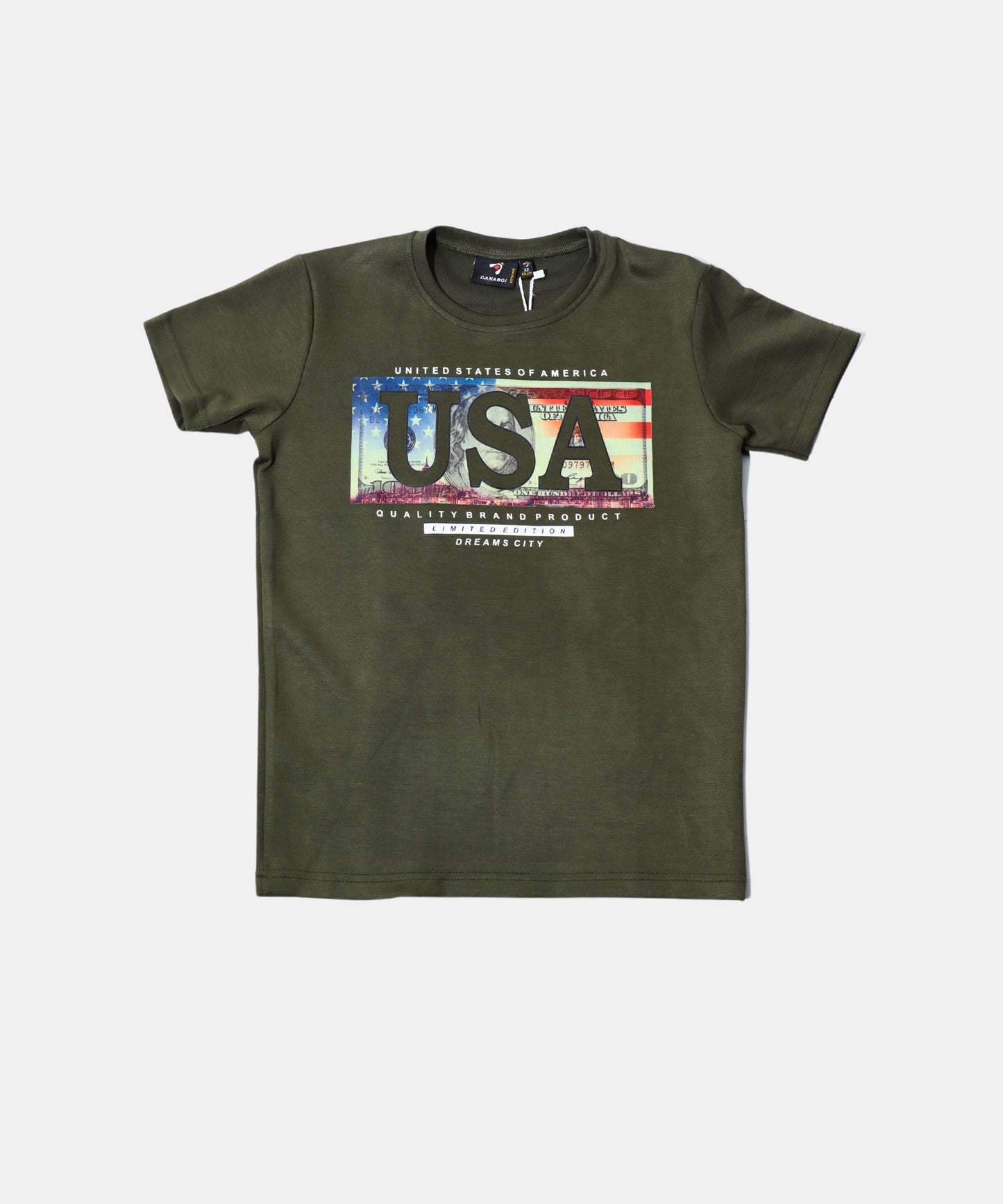 Danaboi Olive Green Boys USA Graphic T-Shirt