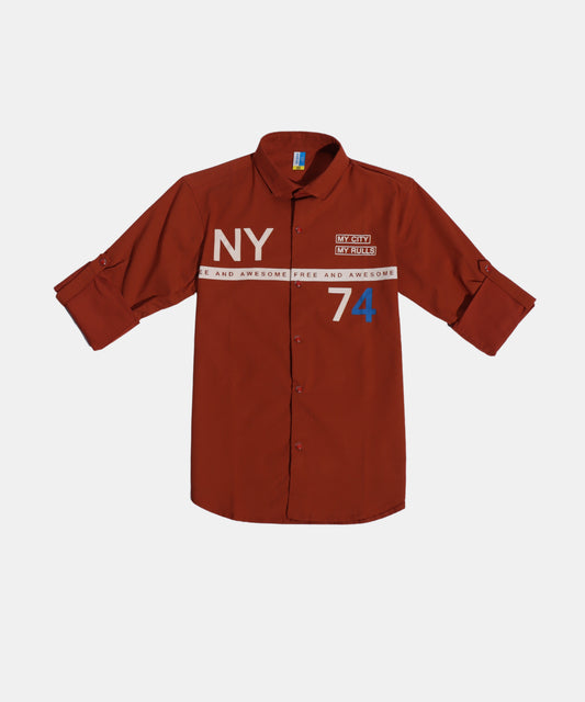 Oks NY Graphic Rust Red Casual Boys Shirt