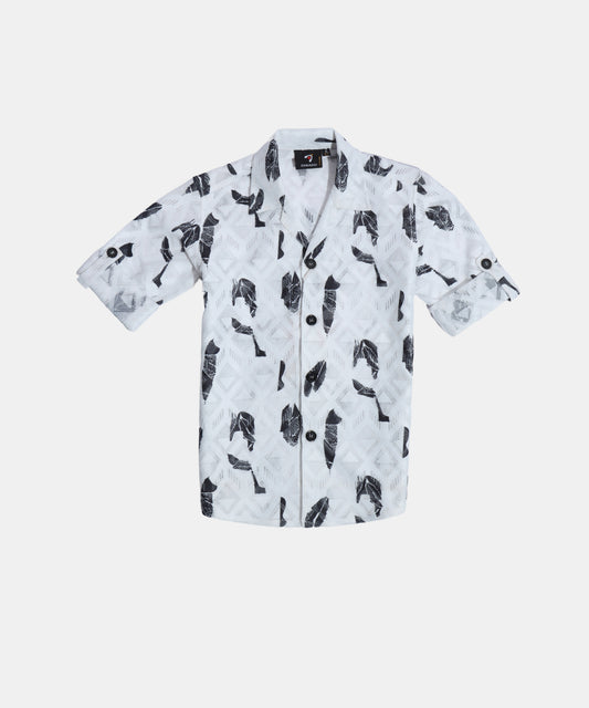 Danaboi White Printed Casual Shirt with Roll-Up Sleeves