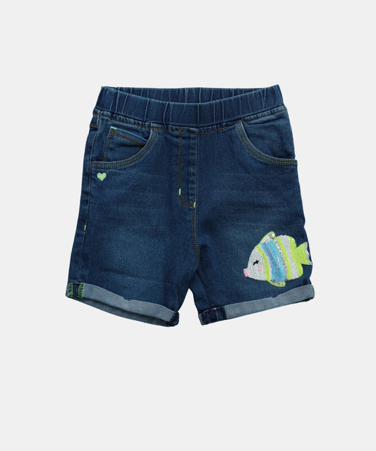Tiny Girl Blue Denim Girls Shorts with Fish Applique