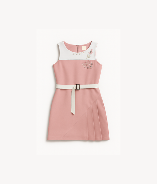 Tiny Girl Pink & White Butterfly Applique Girls Dress