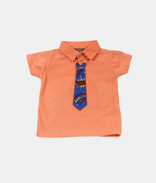 Little Kangaroos Orange Boys Polo T-Shirt with Printed Tie