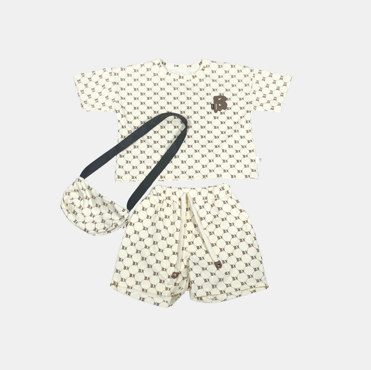 Dapp Korean Cream Monogram Print Boys Co-ord Set with Bag