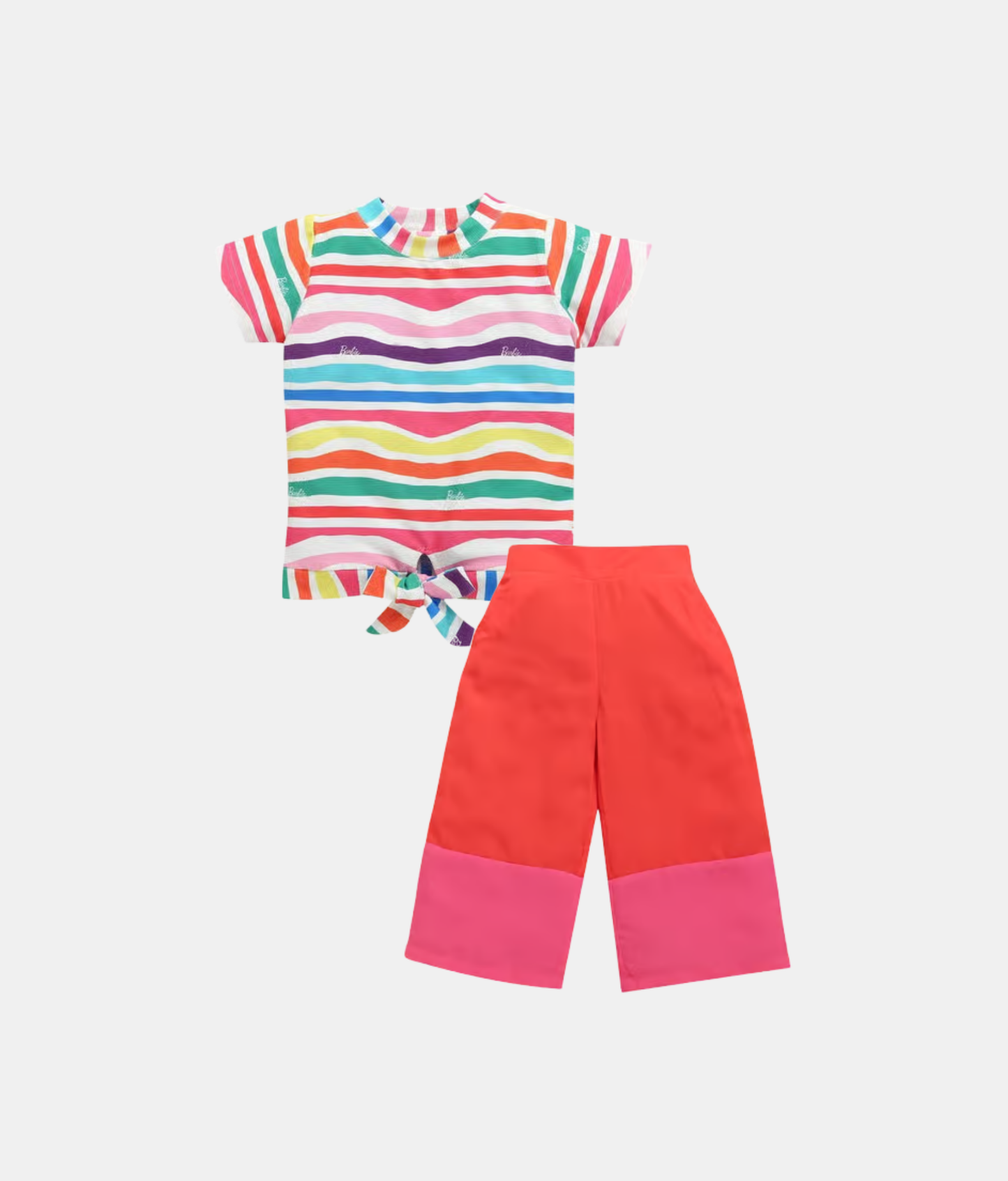 Tiny Girl Barbie Multicolor Striped Girls Top & Red-Pink Pant Set
