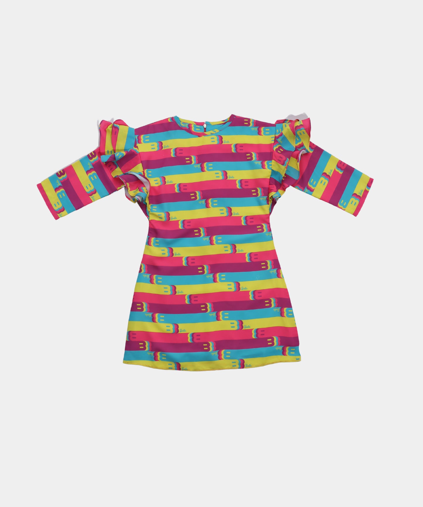 Tiny Girl Barbie Printed Girls Dress with Ruffle Sleeves