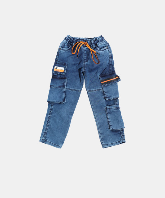 Spunky Mid Blue Boys Cargo Jeans with Orange Drawstring