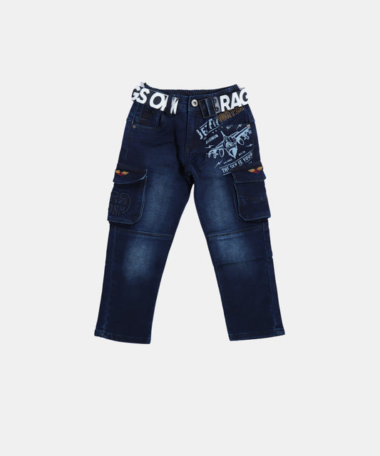 Rags Dark Blue Boys Cargo Jeans with Graphic Print & Belt