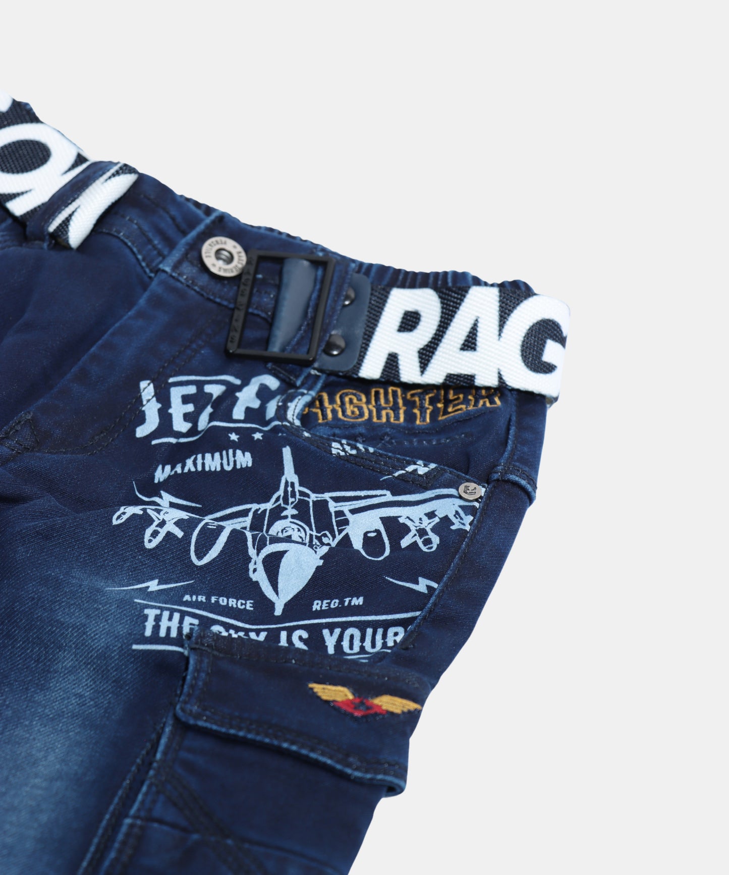 Rags Dark Blue Boys Cargo Jeans with Graphic Print & Belt