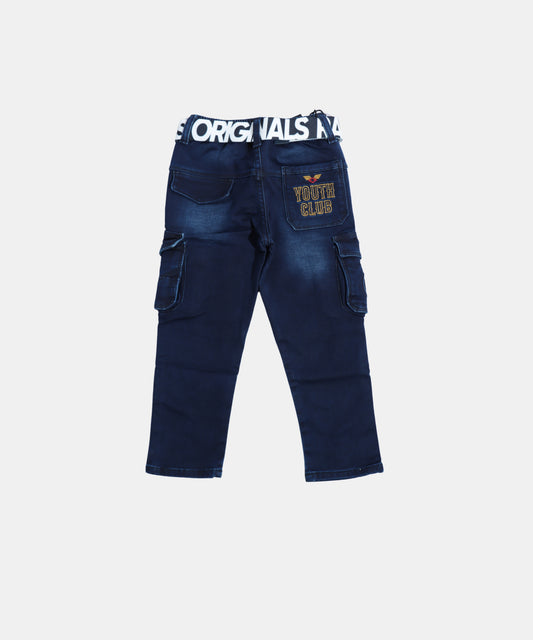 Rags Dark Blue Boys Cargo Jeans with Graphic Print & Belt