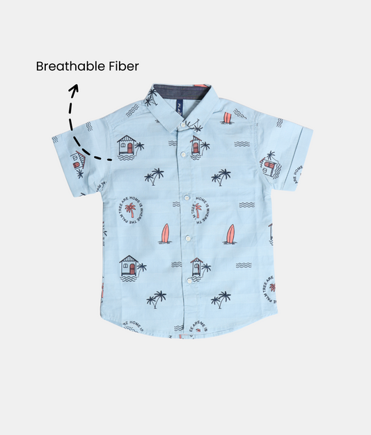 Little Kangaroos Light Blue Printed Boys Short Shirt