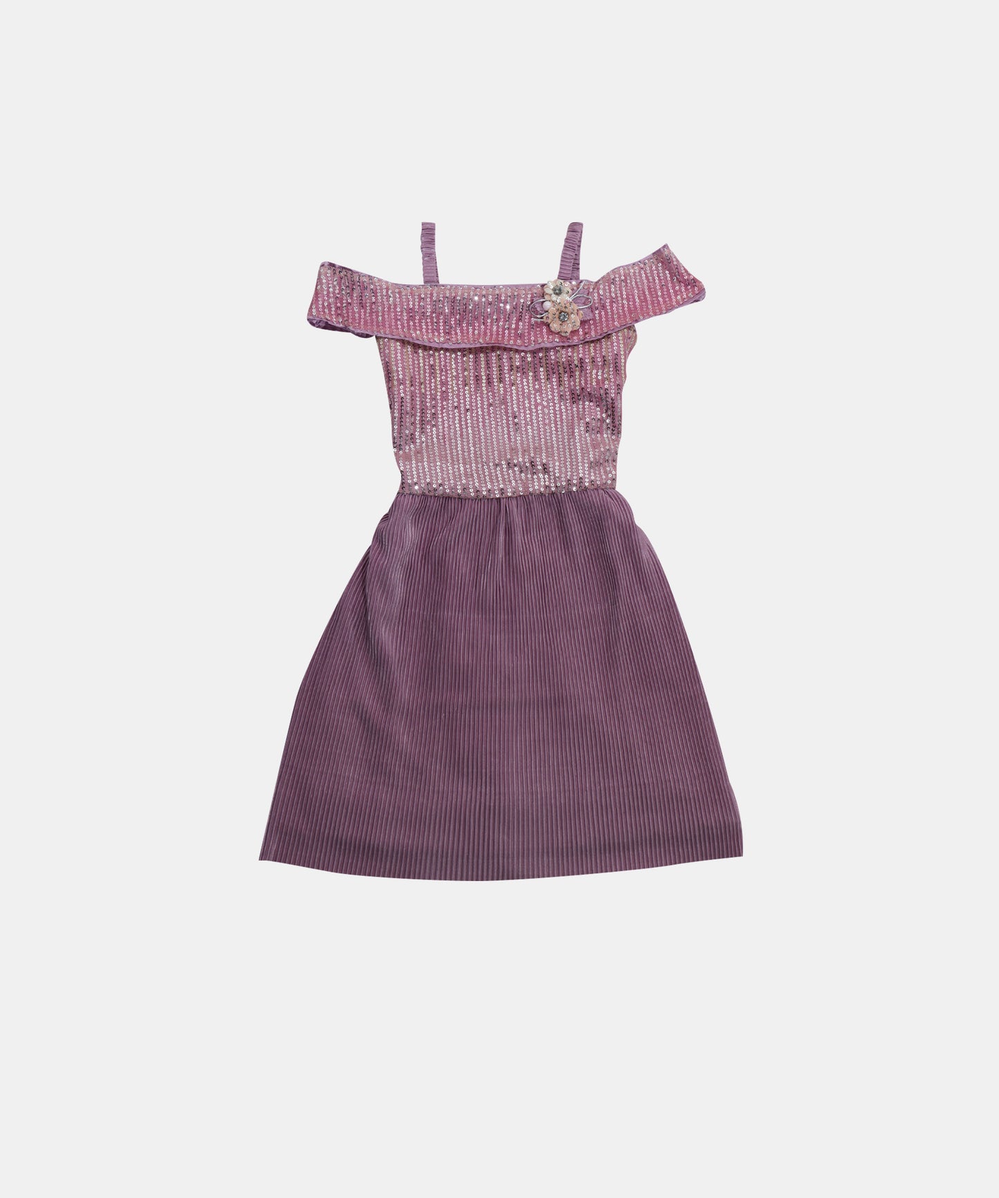 Tiny Gril Pink Sequin & Ribbed Off-Shoulder Girls Dress
