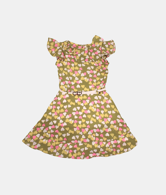 Tiny Girl Olive Heart Print Girls Dress