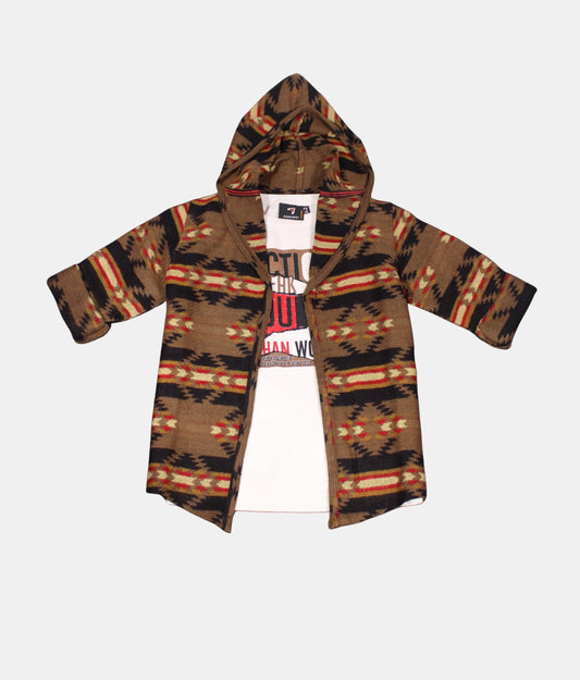 Danaboi Brown Patterned Boys Hooded Cardigan with White T-Shirt