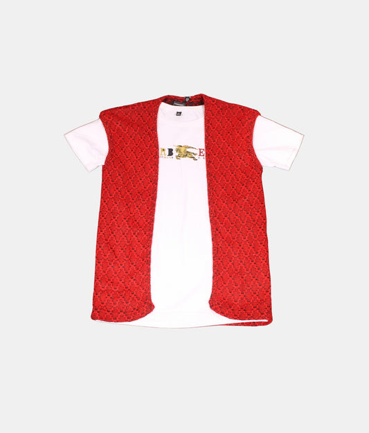 Danaboi Red Printed Boys Open Vest with White T-Shirt
