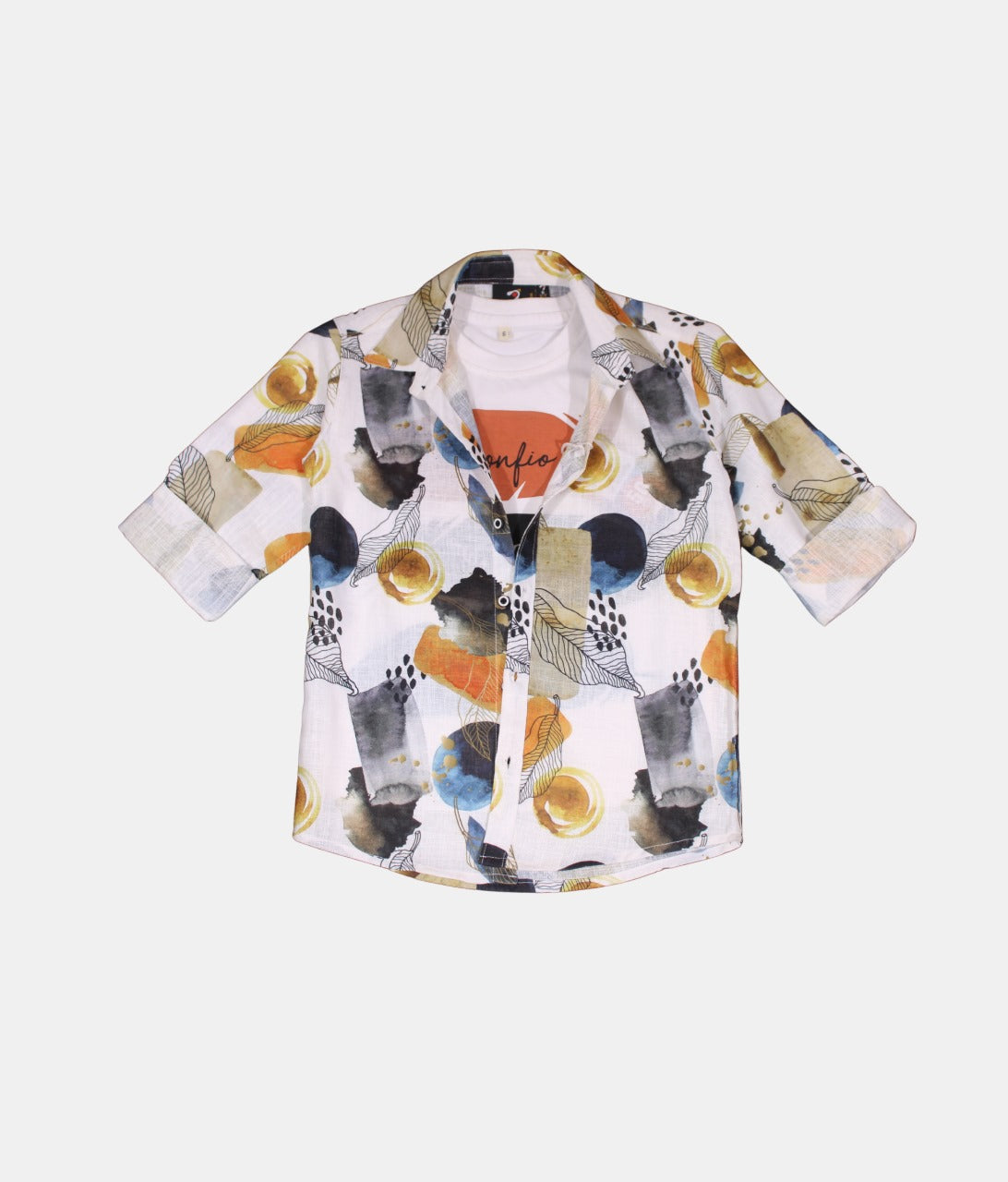 Danaboi White Abstract Print Boys Shirt with T-Shirt