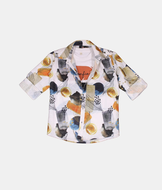 Danaboi White Abstract Print Boys Shirt with T-Shirt