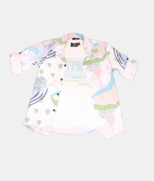 Danaboi White Printed Boys Open Shirt with White T-Shirt