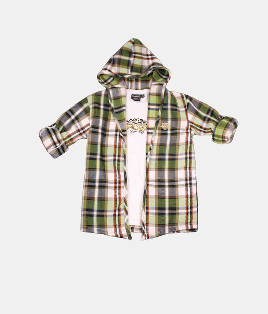 Danaboi Green Plaid Boys' Hooded Shirt with White T-Shirt