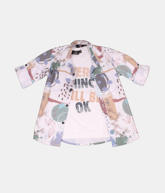 Danaboi White Printed Boys Open Shirt with White T-Shirt