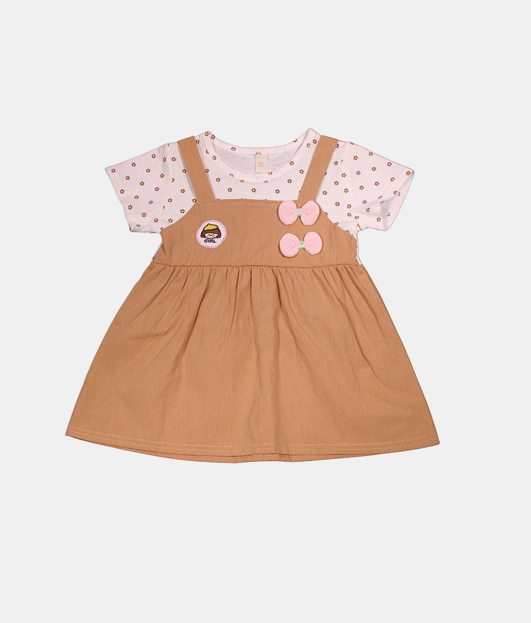 Dapp Brown Girls Dungaree Dress with Printed White Top