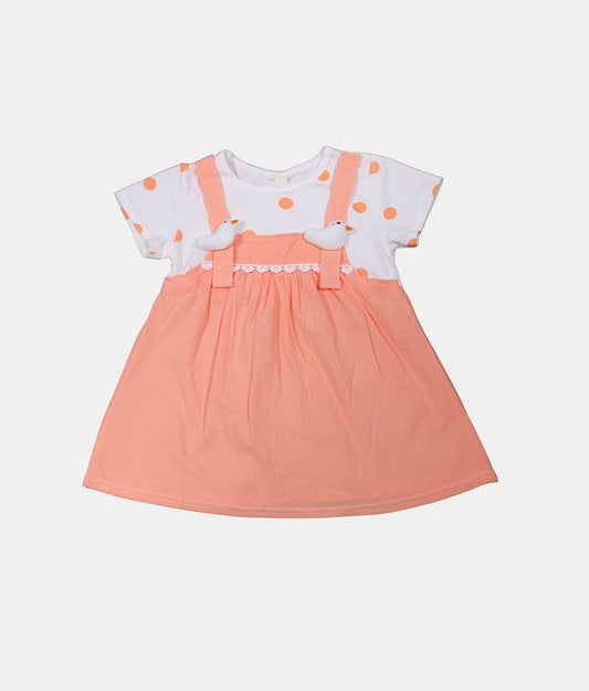 Dapp Peach Girls Dungaree Dress with Polka Dot White Top