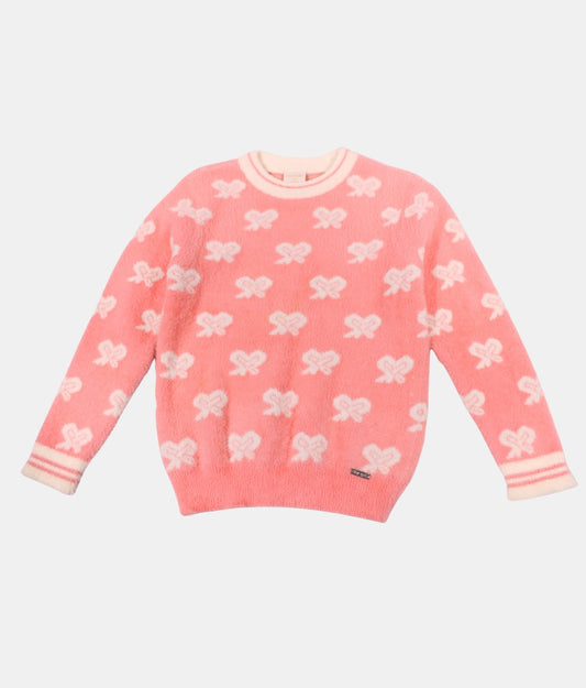 Tiny Girl Peach Bow Print Girls Sweater